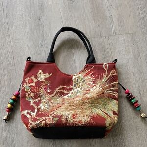 Embroidered Red and Gold Tote Bag